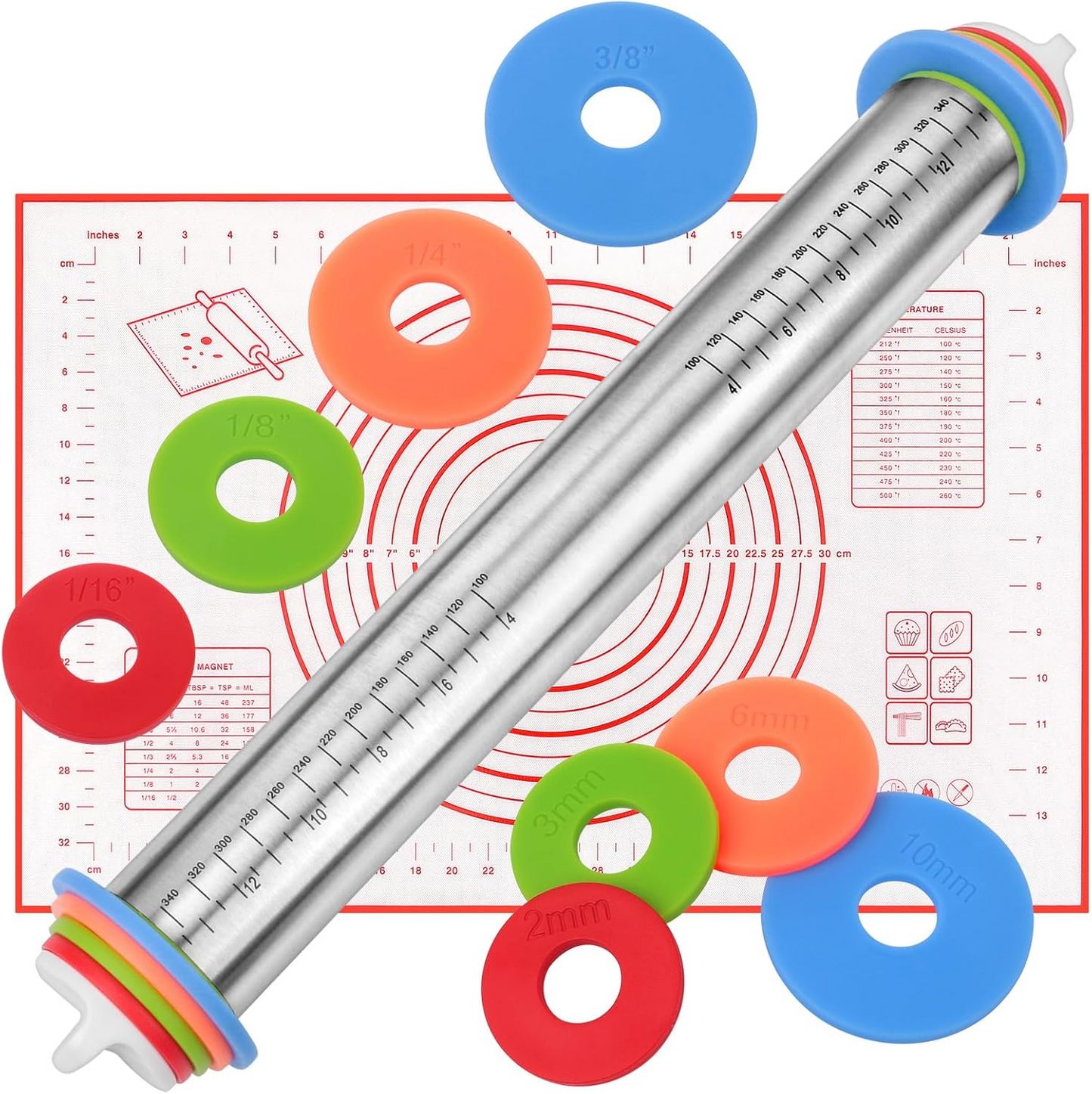 🔥LAST DAY SALE 49% OFF - Rolling Pin and Pastry Baking Mat Set-with adjustable thickness rings